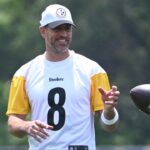 Pittsburgh Steelers quarterback Aaron Rodgers (8) gets the ball during minicamp at their South Side facility.
