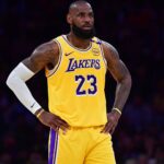 Apr 30, 2025; Los Angeles, California, USA; Los Angeles Lakers forward LeBron James (23) reacts during the first half in game five of first round for the 2025 NBA Playoffs at Crypto.com Arena
