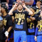 Oklahoma City Thunder forward Chet Holmgren (7) celebrates after winning game seven of the 2025 NBA Finals against the Indiana Pacers at Paycom Center.