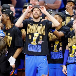 Oklahoma City Thunder forward Chet Holmgren (7) celebrates after winning game seven of the 2025 NBA Finals against the Indiana Pacers at Paycom Center.