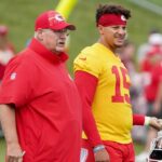 Kansas City Chiefs quarterback Patrick Mahomes (15) and head coach Andy Reid watch drills during training camp at Missouri Western State University.