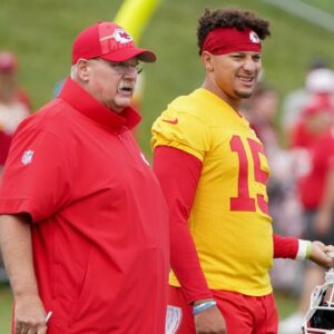 Kansas City Chiefs quarterback Patrick Mahomes (15) and head coach Andy Reid watch drills during training camp at Missouri Western State University.