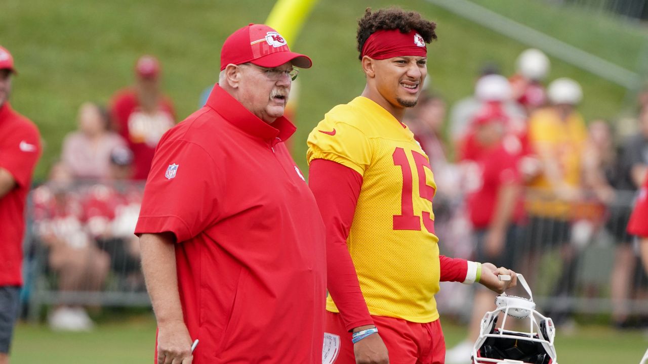 Kansas City Chiefs quarterback Patrick Mahomes (15) and head coach Andy Reid watch drills during training camp at Missouri Western State University.