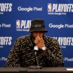 Denver Nuggets center DeMarcus Cousins (4) is interviewed after game three of the first round for the 2022 NBA playoffs against the Golden State Warriors at Ball Arena.
