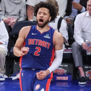 Apr 29, 2025; New York, New York, USA; Detroit Pistons guard Cade Cunningham (2) celebrates after scoring in the third quarter against the New York Knicks during game five of first round for the 2025 NBA Playoffs at Madison Square Garden.