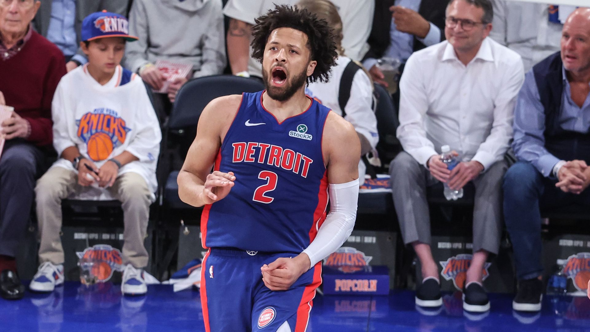 Apr 29, 2025; New York, New York, USA; Detroit Pistons guard Cade Cunningham (2) celebrates after scoring in the third quarter against the New York Knicks during game five of first round for the 2025 NBA Playoffs at Madison Square Garden.