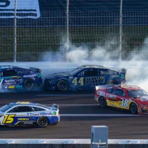 NASCAR Cup Series drivers Cody Ware (51) and Todd Gilliland (38) crash alongside David Ragan (15) and Greg Biffle (44) during the Folds of Honor QuikTrip 500 at Atlanta Motor Speedway.