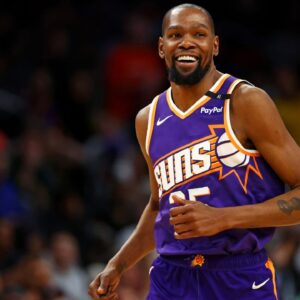Phoenix Suns forward Kevin Durant (35) celebrates after a play during the fourth quarter against the Milwaukee Bucks at Footprint Center.