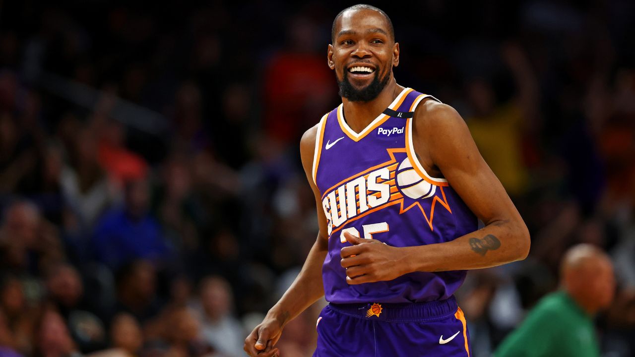 Phoenix Suns forward Kevin Durant (35) celebrates after a play during the fourth quarter against the Milwaukee Bucks at Footprint Center.