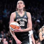 May 29, 2025; Brooklyn, New York, USA; New York Liberty forward Breanna Stewart (30) reacts after scoring a basket against the Golden State Valkyries during the second half at Barclays Center.