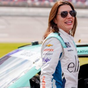 Xfinity Series driver Katherine Legge (32) speaks with fans before the race at Talladega Superspeedway.