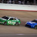 NASCAR Cup Series driver Erik Jones (43) drives next to Denny Hamlin (11) during the Cracker Barrel 400 at Nashville Superspeedway in Lebanon, Tenn., Sunday, June 1, 2025.