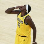 Indiana Pacers forward Pascal Siakam (43) celebrates after a play in the third quarter during game six of the 2025 NBA Finals against the Oklahoma City Thunder at Gainbridge Fieldhouse.