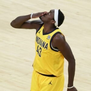 Indiana Pacers forward Pascal Siakam (43) celebrates after a play in the third quarter during game six of the 2025 NBA Finals against the Oklahoma City Thunder at Gainbridge Fieldhouse.
