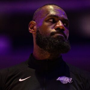 Jan 28, 2025; Philadelphia, Pennsylvania, USA; Los Angeles Lakers forward LeBron James (23) before action against the Philadelphia 76ers at Wells Fargo Center. | Credits- Bill Streicher-Imagn Images