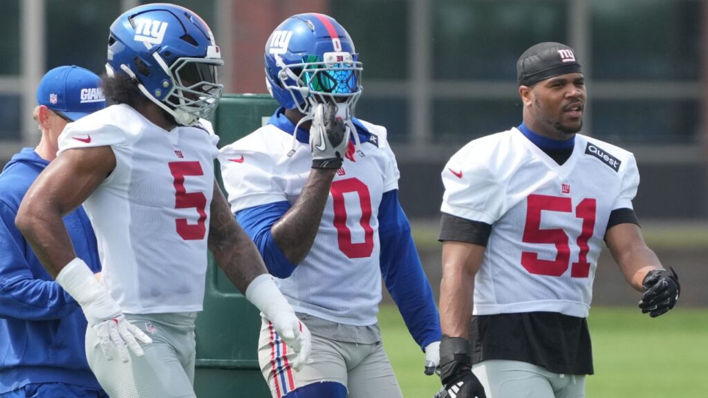 Linebackers, , Kayvon Thibodeaux, Brian Burns and Abdul Carter as the New York Giants players participate in their 2025 OTAÕs at the Quest Diagnostic Giants Training Center in East Rutherford.