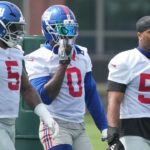 Linebackers, , Kayvon Thibodeaux, Brian Burns and Abdul Carter as the New York Giants players participate in their 2025 OTAÕs at the Quest Diagnostic Giants Training Center in East Rutherford.