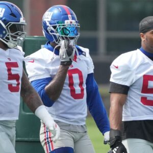 Linebackers, , Kayvon Thibodeaux, Brian Burns and Abdul Carter as the New York Giants players participate in their 2025 OTAÕs at the Quest Diagnostic Giants Training Center in East Rutherford.