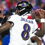 Jan 19, 2025; Orchard Park, New York, USA; Baltimore Ravens quarterback Lamar Jackson (8) throws the ball during the fourth quarter against the Buffalo Bills in a 2025 AFC divisional round game at Highmark Stadium. Mandatory Credit: Mark Konezny-Imagn Images