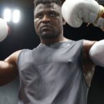 Francis Ngannou at the Tyson Fury vs. Francis Ngannou open workout on September 26, 2023, at Ngannou™s private gym in Las Vegas, NV.