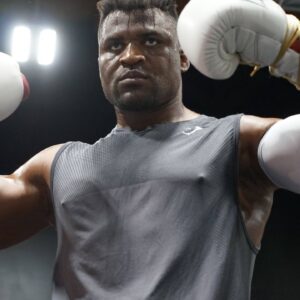 Francis Ngannou at the Tyson Fury vs. Francis Ngannou open workout on September 26, 2023, at Ngannou™s private gym in Las Vegas, NV.