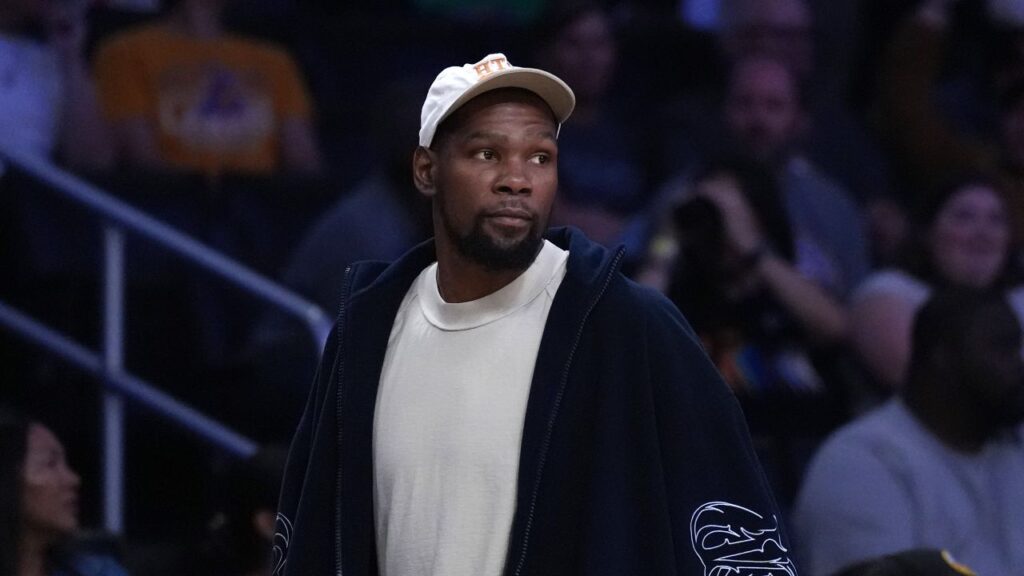 Kevin Durant attends a WNBA game between the Atlanta Dream and LA Sparks at Crypto.com Arena.