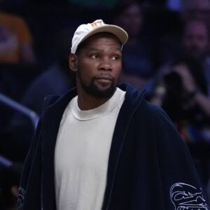 Kevin Durant attends a WNBA game between the Atlanta Dream and LA Sparks at Crypto.com Arena.