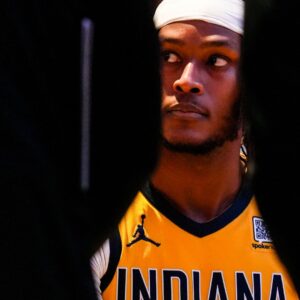Indiana Pacers center Myles Turner (33) looks up during a timeout Friday, Nov. 29, 2024, at a game between the Indiana Pacers and the Detroit Pistons at Gainbridge Fieldhouse in Indianapolis. The Pistons defeated the Pacers, 130-106.