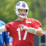 Buffalo Bills quarterback Josh Allen (17) throws the ball during Minicamp at Highmark Stadium.