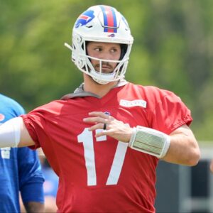 Buffalo Bills quarterback Josh Allen (17) throws the ball during Minicamp at Highmark Stadium.
