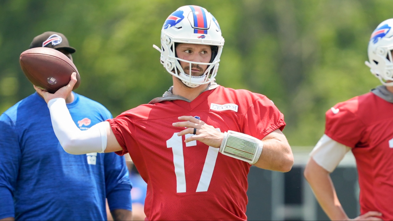 Buffalo Bills quarterback Josh Allen (17) throws the ball during Minicamp at Highmark Stadium.