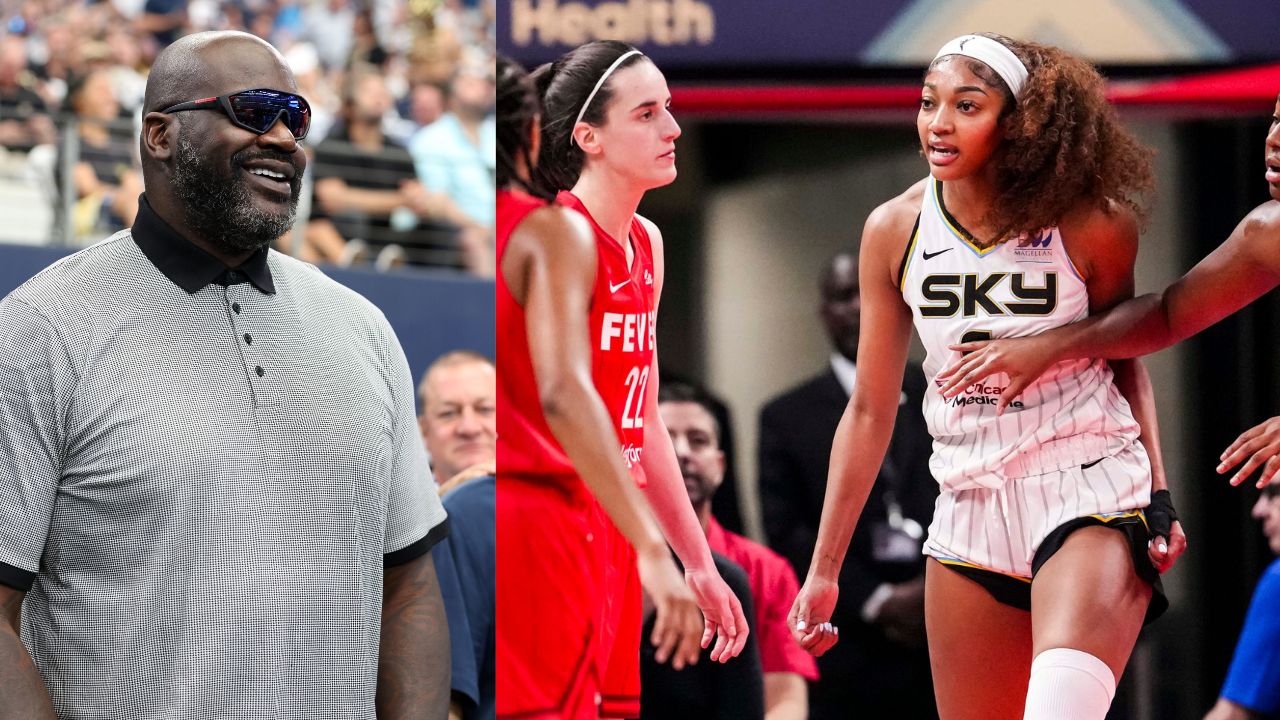 (L) Shaquille O'Neal (R) Caitlin Clark and Angel Reese