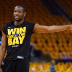 Golden State Warriors forward Jonathan Kuminga (00) stands on the court during warmups against the Minnesota Timberwolves during game four of the second round for the 2025 NBA Playoffs at Chase Center.