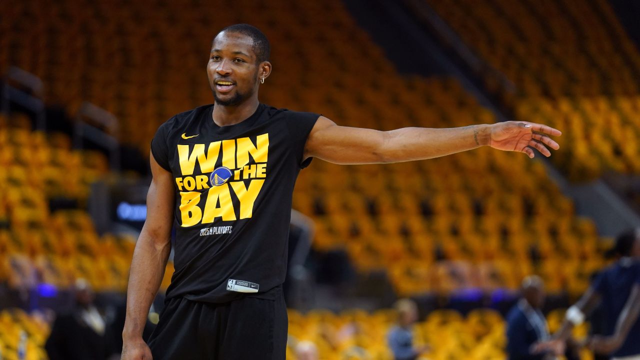 Golden State Warriors forward Jonathan Kuminga (00) stands on the court during warmups against the Minnesota Timberwolves during game four of the second round for the 2025 NBA Playoffs at Chase Center.