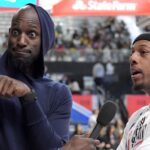 Feb 16, 2018; Los Angeles, CA, USA; Former NBA player Kevin Garnett (left) interviews former NBA player Paul Pierce during the NBA All-Star Celebrity Game at the Los Angeles Convention Center