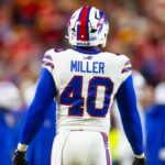 Detailed view of the jersey of Buffalo Bills linebacker Von Miller (40) against the Kansas City Chiefs during the AFC Championship game at GEHA Field at Arrowhead Stadium.