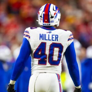 Detailed view of the jersey of Buffalo Bills linebacker Von Miller (40) against the Kansas City Chiefs during the AFC Championship game at GEHA Field at Arrowhead Stadium.