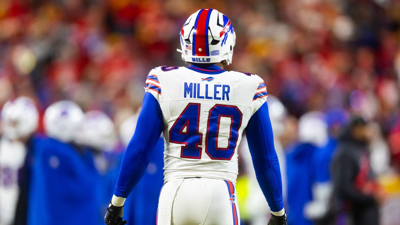 Detailed view of the jersey of Buffalo Bills linebacker Von Miller (40) against the Kansas City Chiefs during the AFC Championship game at GEHA Field at Arrowhead Stadium.