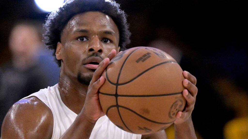 Los Angeles Lakers guard Bronny James (9) warms up prior to the game against the Minnesota Timberwolves at Crypto.com Arena.