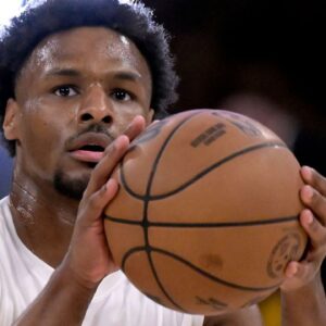 Los Angeles Lakers guard Bronny James (9) warms up prior to the game against the Minnesota Timberwolves at Crypto.com Arena.
