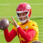 Kansas City Chiefs quarterback Patrick Mahomes (15) receives a snap during training camp at Missouri Western State University.