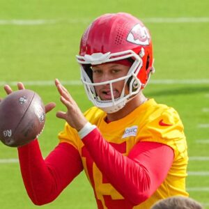 Kansas City Chiefs quarterback Patrick Mahomes (15) receives a snap during training camp at Missouri Western State University.