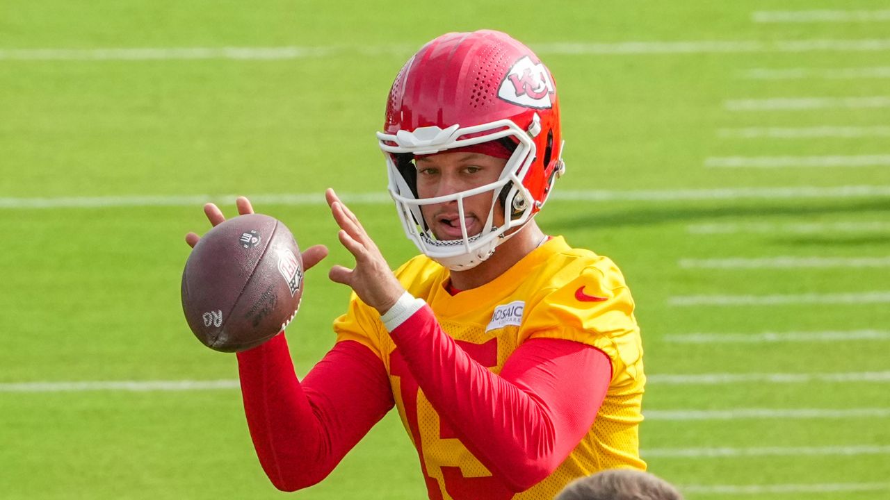 Kansas City Chiefs quarterback Patrick Mahomes (15) receives a snap during training camp at Missouri Western State University.