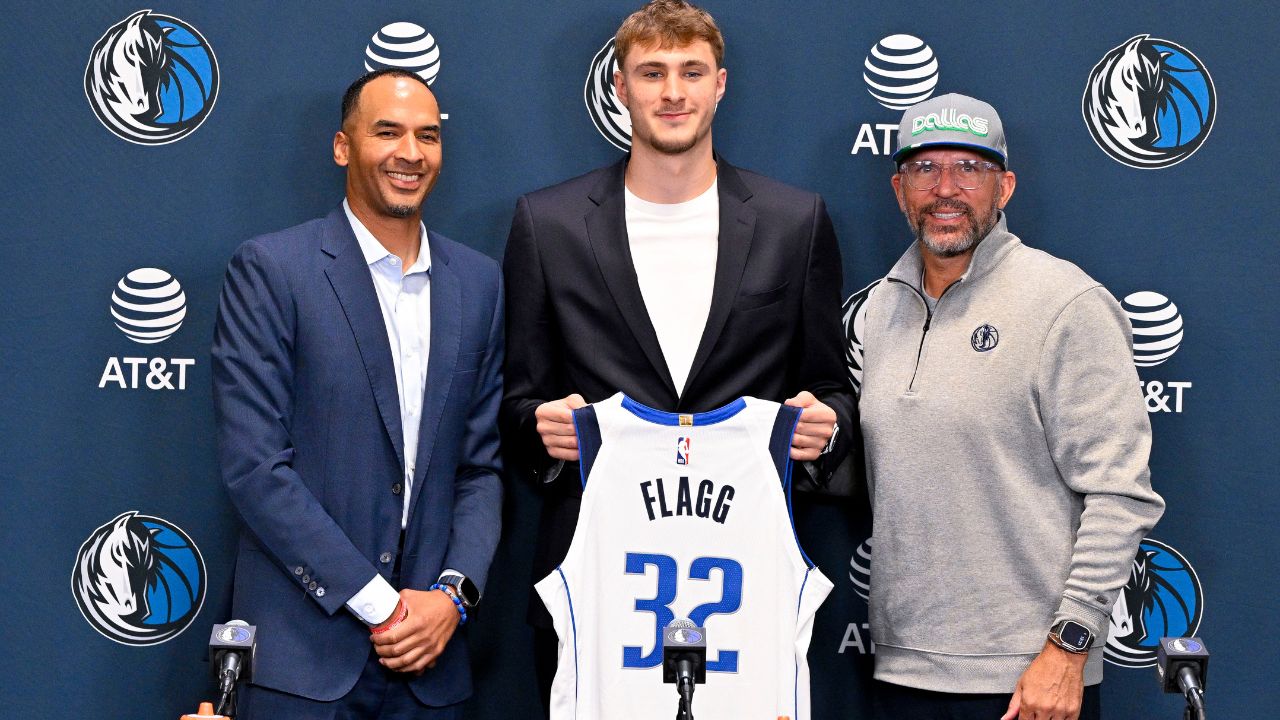 Dallas Mavericks general manager Nico Harrison and Mavericks first overall pick Cooper Flagg and head coach Jason Kidd pose for a photo at the Dallas Mavericks Practice Facility.