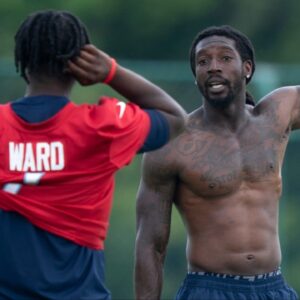 Tennessee Titans quarterback Cam Ward (1) and wide receiver Calvin Ridley work on timing plays after OTAs at Ascension Saint Thomas Sports Park in Nashville, Tenn., Tuesday, June 3, 2025.