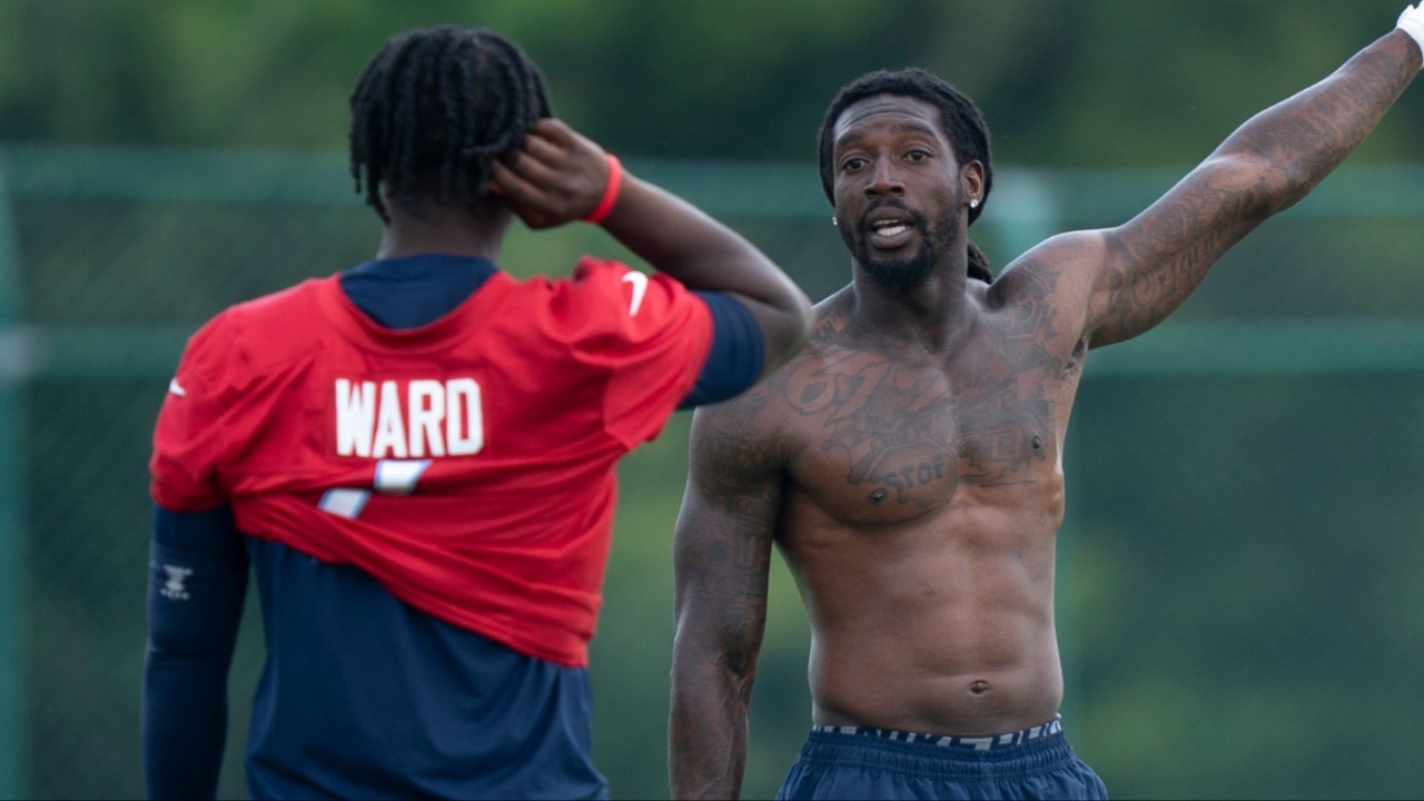 Tennessee Titans quarterback Cam Ward (1) and wide receiver Calvin Ridley work on timing plays after OTAs at Ascension Saint Thomas Sports Park in Nashville, Tenn., Tuesday, June 3, 2025.
