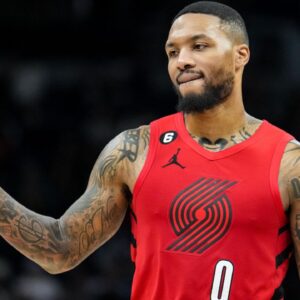 Portland Trail Blazers guard Damian Lillard (0) looks on during the fourth quarter against the Minnesota Timberwolves at Target Center.