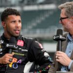 NASCAR Cup Series driver Bubba Wallace (23) speaks with TNT Sports hosts after winning the Brickyard 400 on Sunday, July 27, 2025, at Indianapolis Motor Speedway.