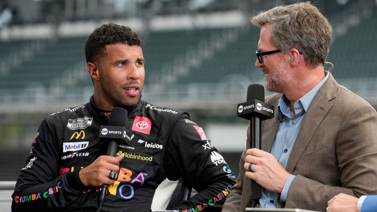 NASCAR Cup Series driver Bubba Wallace (23) speaks with TNT Sports hosts after winning the Brickyard 400 on Sunday, July 27, 2025, at Indianapolis Motor Speedway.