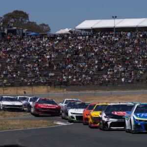 NASCAR Cup Series driver Daniel Suarez (99) leads the group during the Toyota / Save Mart 350 at Sonoma Raceway.